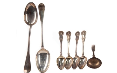 A PAIR OF SILVER HANOVERIAN PATTERN TABLE SPOONS AND OTHERS