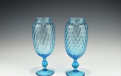 A PAIR OF TURQUOISE HAND BLOWN PEDESTAL VASE