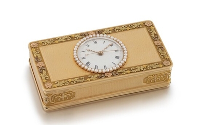 A PEARL-SET FOUR-COLOUR GOLD AND ENAMEL MUSICAL WATCH SNUFF BOX, THE MOVEMENT ATTRIBUTED TO PIGUET & MEYLAN, GENEVA, CIRCA 1820