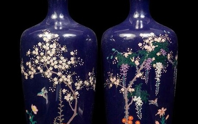 A Pair of Black Ground Cloisonné Vases and A Black