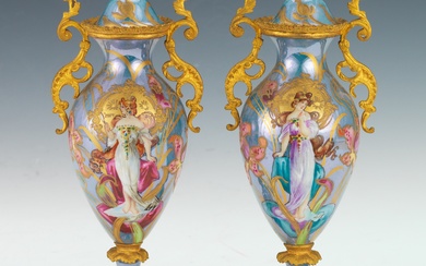 A Pair of Bronze-Mounted Art Nouveau Porcelain Urns by Sevres