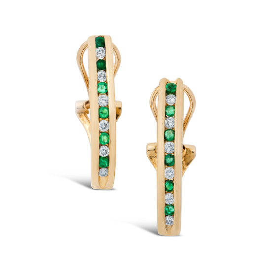 A Pair of Emerald, Diamond and Gold Ear Clips