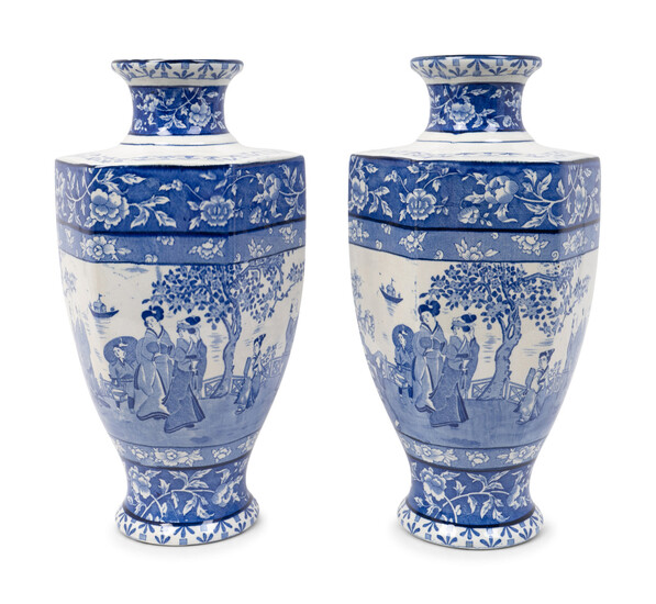 A Pair of English Blue and White Transfer-Printed Earthenware Hexagonal Vases