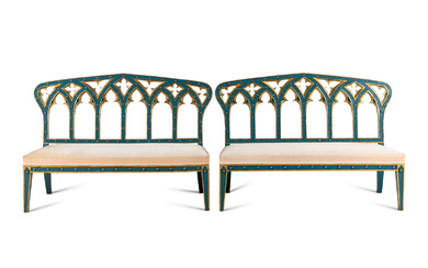A Pair of English Gothic Revival Painted and Parcel Gilt Settees