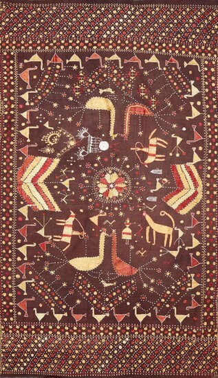 A Phulkari wedding shawl, Punjab, India, circa 1900, cotton and floss silk, either end and borders with a dense of small flowers in orange and yellow, the central area embroidered with stylised animals, figures and birds and jewellery representing...