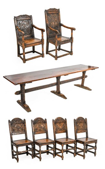 A Pine and Oak Refectory-Style Dining Table and Six (4+2) 17th Century Style Dining Chairs