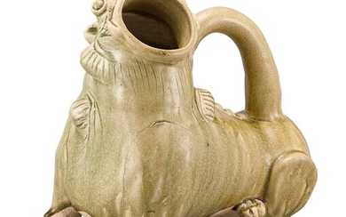 A RARE AND LARGE YUE CELADON 'TIGER' VESSEL, HUZI SOUTHERN DYNASTIES | 南朝 越窰青釉虎子