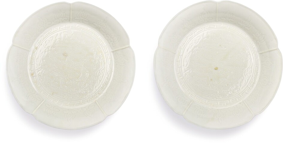 A RARE PAIR OF SMALL DINGYAO-IMITATION LOBED DISHES SEAL MARKS AND PERIOD OF YONGZHENG