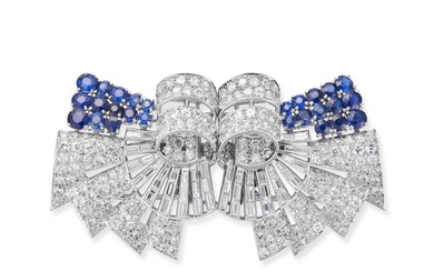 A RETRO SAPPHIRE AND DIAMOND DOUBLE CLIP BROOCH designed as a stylised bow set throughout with round