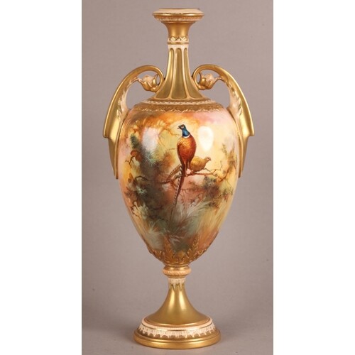 A ROYAL WORCESTER TWO HANDLED VASE, signed Sedgley, painted ...