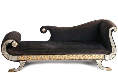 A Regency style chaise long, having a silvered scroll reeded...