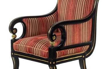 A Russian Empire Brass Mounted Black Lacquered Armchair