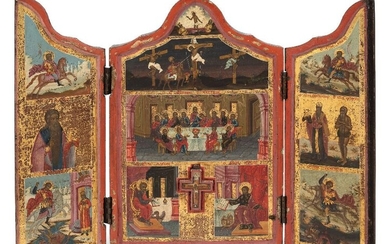 A Russian travelling triptych icon, early 19th century, the central panel depicting the Last Supper, the Crucifixion and set with a crucifix flanked by Luke the Evangelist and John the Evangelist, the hinged doors with further saints, including St...