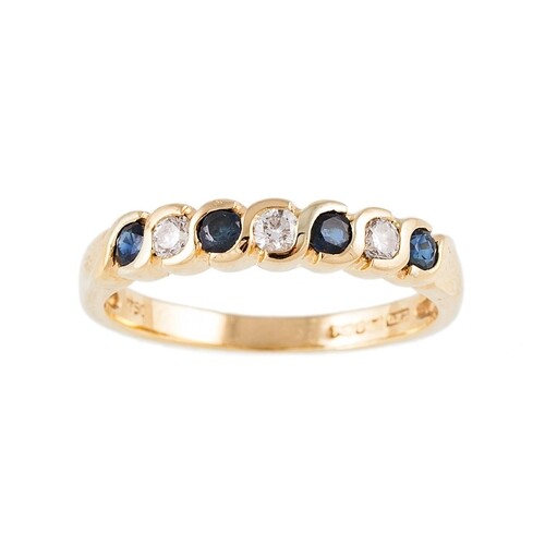 A SAPPHIRE AND DIAMOND HALF ETERNITY RING, mounted in 18ct y...