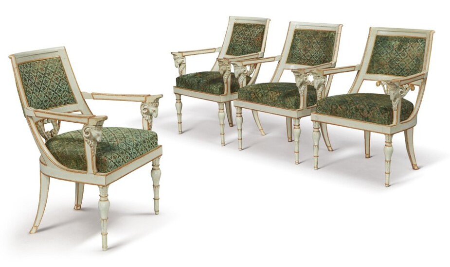 A SET OF FOUR ITALIAN NEOCLASSICAL WHITE PAINTED AND PARCEL-GILT ARMCHAIRS, EARLY 19TH CENTURY
