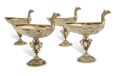 A SET OF FOUR VICTORIAN SILVER-GILT COUPES MARK OF LAMBERT...