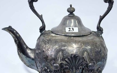 A SILVER PLATED KETTLE ON STAND