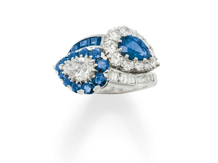 A Sapphire, Diamond and Platinum Ring