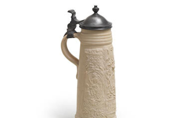 A Siegburg stoneware pewter-mounted tankard (Schnelle), dated 1595