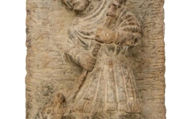 A Southern European stone relief of St George slaying the Dragon, 17th century style, possibly 19th century, 42 x 22cm