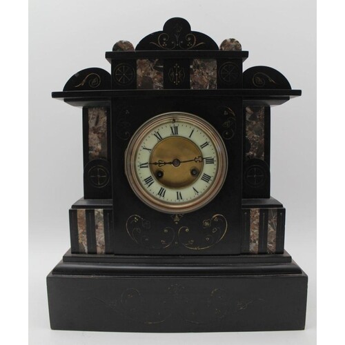 A VICTORIAN BLACK SLATE & MARBLE MANTEL CLOCK, dial with Rom...