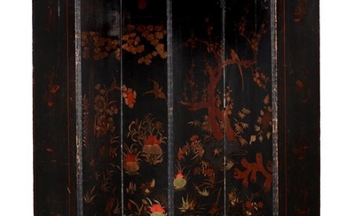 A black and polychrome lacquered and leather bound six fold room screen