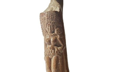 A carved bone figure of two Yakshis, Chandraketugarh style, Sunga, North India, 1st century BC - 1st century AD, carved in the round each side of the bone segment with a figure of a Yakshi, the first depicted with hand on hip and elaborate hair...