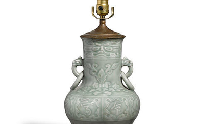 A celadon-glazed vase, now mounted as a lamp