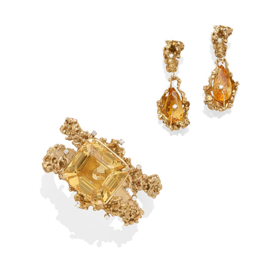 A citrine, diamond and 14k gold bangle bracelet and pair of earrings,, circa 1970