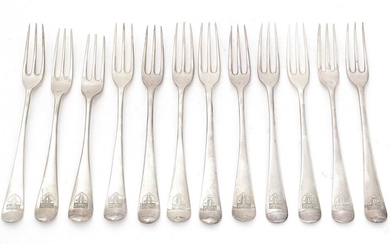A collected or Harlequin set of twelve George II/III table forks.