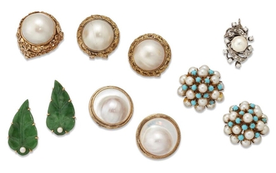 A collection of jewellery: comprising; a pair of mabe pearl ear clips and matching ring; clip and post fittings, ring size O, a pair of mabe pearl ear studs; a pair of turquoise and cultured pearl cluster ear clips, clip and post fitings; a pair of...
