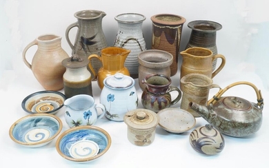 A collection of studio pottery, 20th century, to include a large Russell Collins jug, 29cm high, a vase by the same artist, three Lowerdown Pottery mugs, other mugs, Nic Collins jug with impressed stamp, 23cm high, a Gary Young jug, and other jugs...