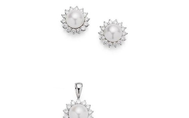 A cultured pearl and diamond pendant and earrings, by