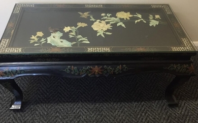 A decorative, Shibayama, Japanese table. Glass topped, with inlaid...
