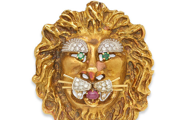 A diamond, ruby, emerald and 18k gold lion head brooch