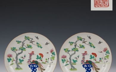 A few dishes (2) - Fencai - Porcelain - Phoenix and crane - gemerkt Daoguang (1821-1850) - China - about 1900