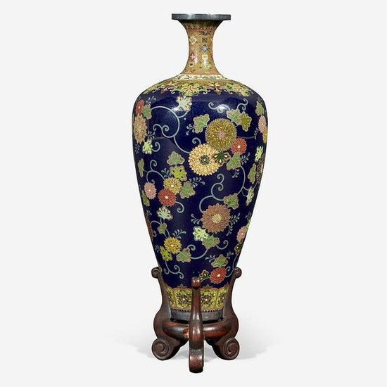 A fine Japanese cloisonne cabinet vase on wood stand