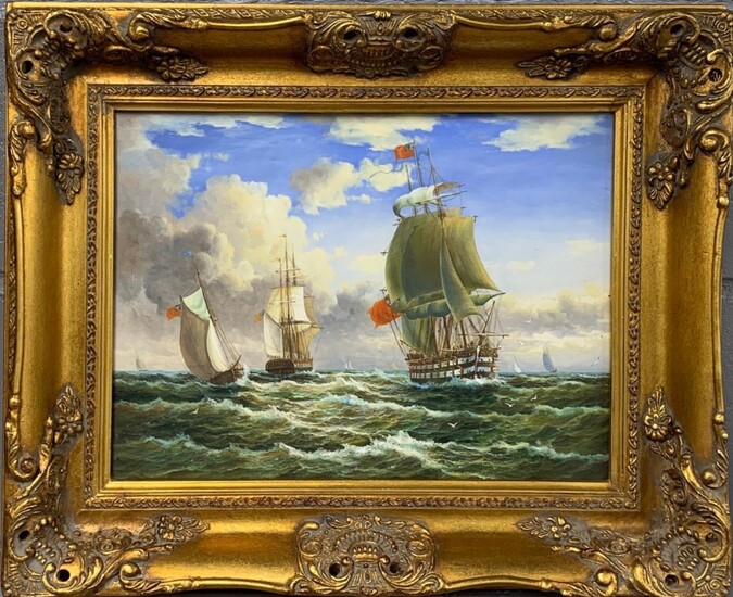 A gilt framed oil on board of sailing ships, frame size 56 x 46cm.