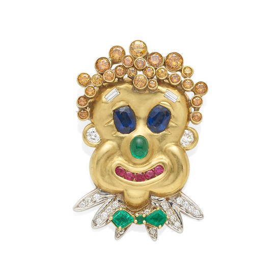 A gold, diamond and gemstone clown brooch