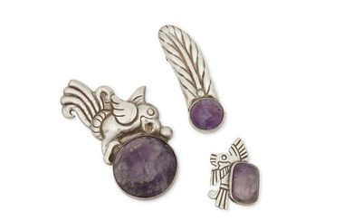 A group of William Spratling silver and amethyst brooches