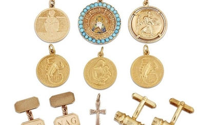 A group of jewellery, comprising: a pair of 9ct gold rectangular-engine-turned cufflinks, 7.5g; a pair of 9ct gold bamboo design cufflinks with hinged fittings. 6.8g; two 9ct gold circular zodiac pendants, 10.5g a 9ct gold religious pendant 4.9g; a...