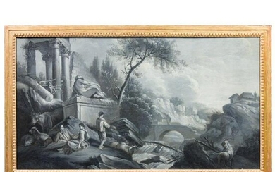 A landscape painting with arcadian ruins, 18th century