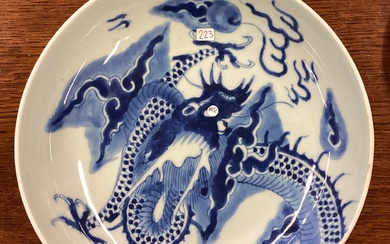 A large Chinese blue and white bowl with dragon decoration.