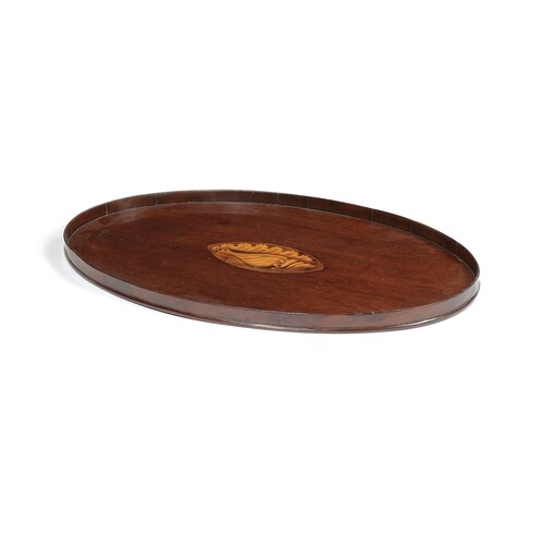 A large George III mahogany and sycamore marquetry oval tray...