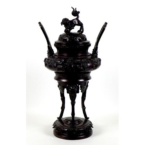 A large Japanese bronze koro, Meiji period, of squat ovoid f...