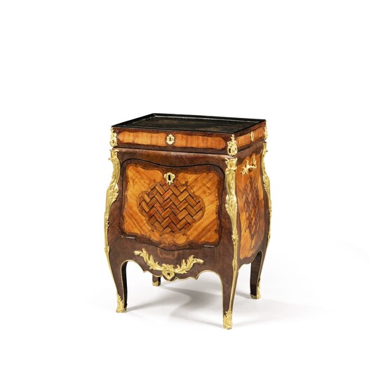 A late Louis XV gilt-bronze-mounted tulipwood and bois satiné marquetry and parquetry Chinese lacquered meuble à transformation, stamped J.F. Oeben and JME ; the mounts later