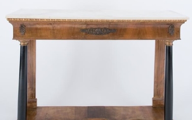 A mahogany venereed white marble top console and wall