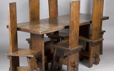 A mid-20th century Arts and Crafts style oak refectory table and six matching chairs, height of tabl