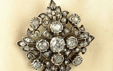 A mid Victorian silver and gold old and rose-cut diamond brooch. May be worn as a pendant.