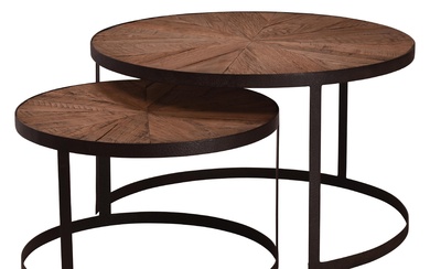 A nesting pair of reclaimed elm round coffee tables with rustic iron frame (48/38 x 80/60 x 80/60 cm)